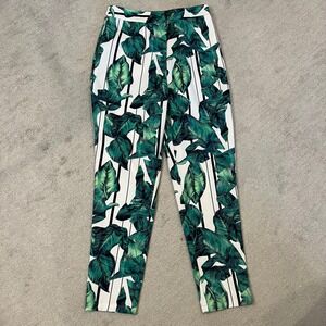 A Peach Tropical Print Pants High‎ Waist White Green Striped Size S Luau Island